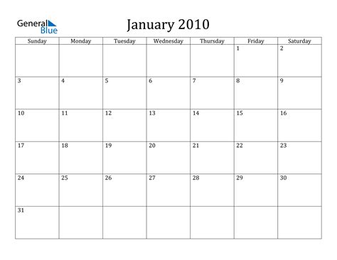 Calendar Of 2010 January